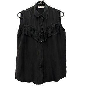 Croquet Clue Black 100% Silk Sleeveless Western Fringe Button Up Blouse Size M